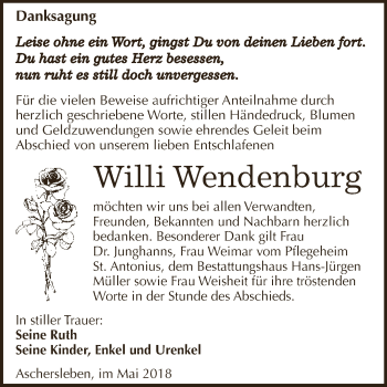 Traueranzeige von Willi Wendenburg von Super Sonntag Aschersleben