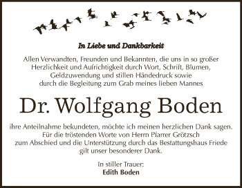 Traueranzeige von Wolfgang Boden von WVG - Wochenspiegel Dessau / Köthen