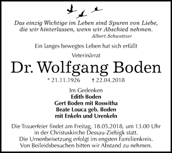 Traueranzeige von Wolfgang Boden von Mitteldeutsche Zeitung
