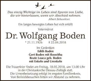 Traueranzeige von Wolfgang Boden von WVG - Wochenspiegel Dessau / Köthen