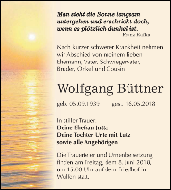 Traueranzeige von Wolfgang Büttner von Mitteldeutsche Zeitung Köthen