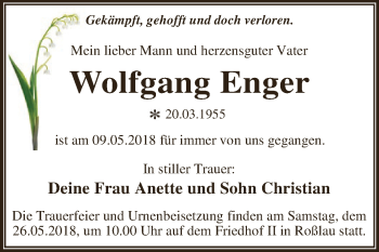 Traueranzeige von Wolfgang Enger von WVG - Wochenspiegel Dessau / Köthen