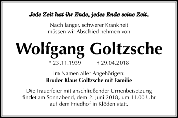Traueranzeige von Wolfgang Goltzsche von Mitteldeutsche Zeitung