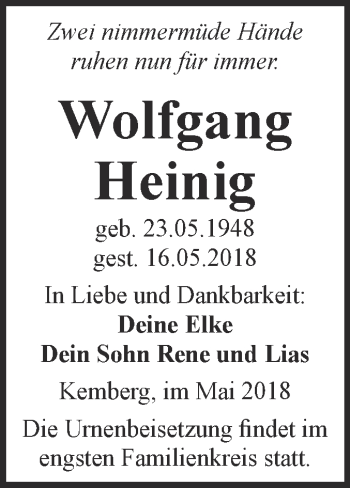 Traueranzeige von Wolfgang Heinig von WVG - Wochenspiegel Bitterfeld