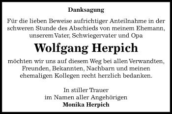 Traueranzeige von Wolfgang Herpich von Mitteldeutsche Zeitung Bernburg