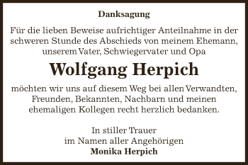 Traueranzeige von Wolfgang Herpich von Super Sonntag Bernburg