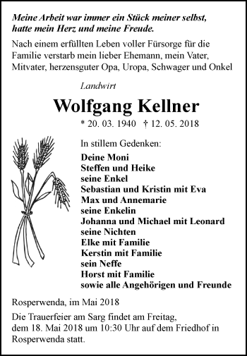 Traueranzeige von Wolfgang Kellner von Mitteldeutsche Zeitung Sangerhausen