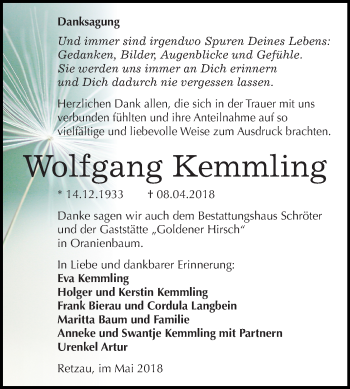 Traueranzeige von Wolfgang Kemmling von Mitteldeutsche Zeitung