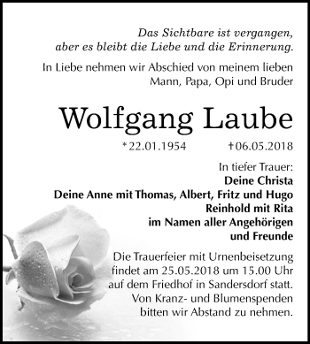 Traueranzeige von Wolfgang Laube von Mitteldeutsche Zeitung Bitterfeld