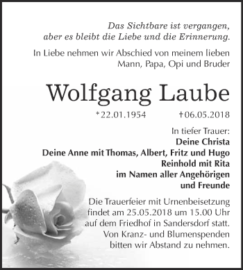 Traueranzeige von Wolfgang Laube von WVG - Wochenspiegel Bitterfeld