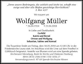 Traueranzeige von Wolfgang Müller von Mitteldeutsche Zeitung Merseburg/Querfurt