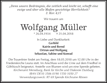 Traueranzeige von Wolfgang Müller von WVG - Wochenspiegel Merseburg