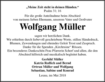 Traueranzeige von Wolfgang Müller von Mitteldeutsche Zeitung Merseburg/Querfurt