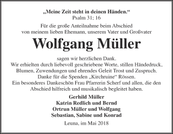 Traueranzeige von Wolfgang Müller von WVG - Wochenspiegel Merseburg