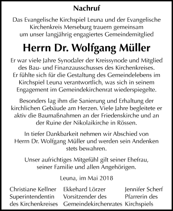 Traueranzeige von Wolfgang Müller von Mitteldeutsche Zeitung Merseburg/Querfurt