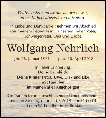 Traueranzeige von Wolfgang Nehrlich von Mitteldeutsche Zeitung Halle/Saalkreis
