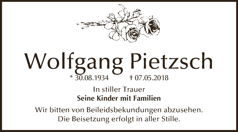  Traueranzeige für Wolfgang Pietzsch vom 19.05.2018 aus WVG - Wochenspiegel Dessau / Köthen