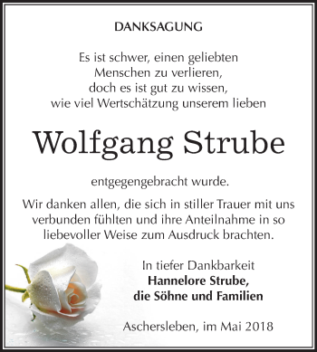 Traueranzeige von Wolfgang Strube von Mitteldeutsche Zeitung Aschersleben