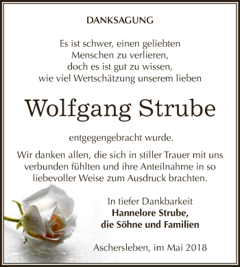 Traueranzeige von Wolfgang Strube von Super Sonntag Aschersleben