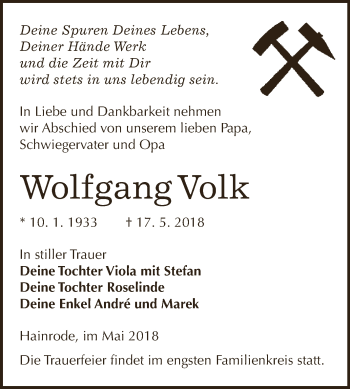 Traueranzeige von Wolfgang Volk von Super Sonntag SGH Mansf. Land