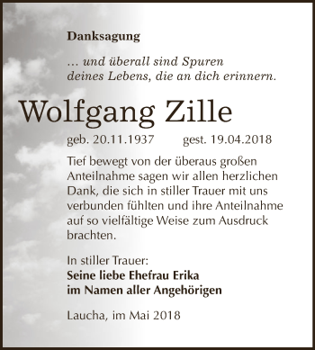 Traueranzeige von Wolfgang Zille von WVG - Wochenspiegel NMB / WSF / ZTZ