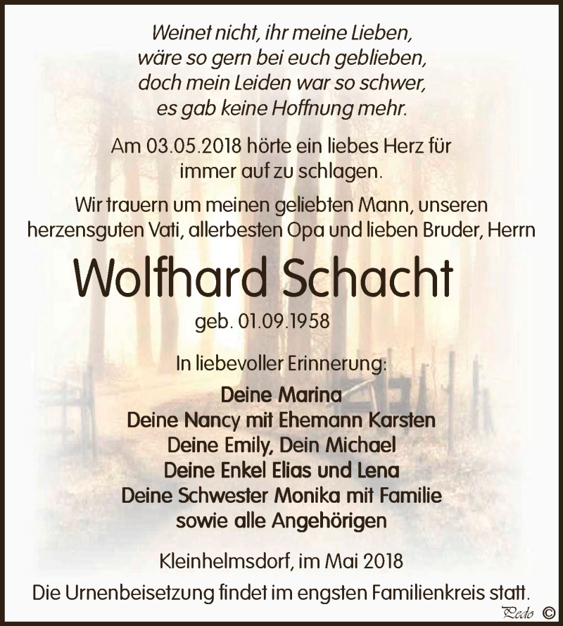  Traueranzeige für Wolfhard Schacht vom 12.05.2018 aus Super Sonntag Zeitz