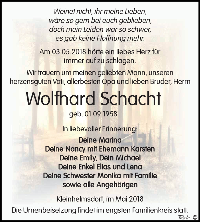  Traueranzeige für Wolfhard Schacht vom 12.05.2018 aus Mitteldeutsche Zeitung Zeitz