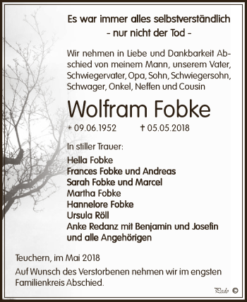Traueranzeige von Wolfram Fobke von WVG - Wochenspiegel NMB / WSF / ZTZ