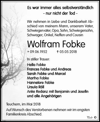 Traueranzeige von Wolfram Fobke von Mitteldeutsche Zeitung Weißenfels