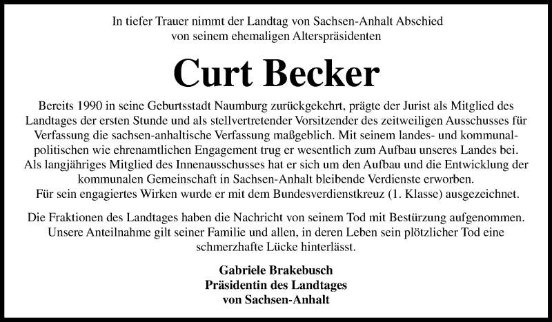  Traueranzeige für Curt Becker vom 26.05.2018 aus 