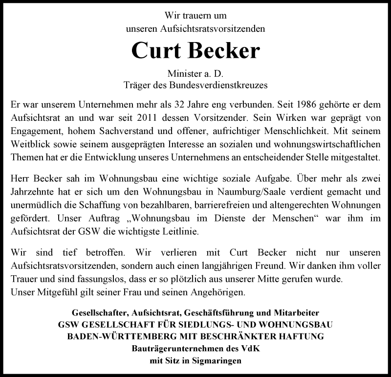  Traueranzeige für Curt Becker vom 25.05.2018 aus 