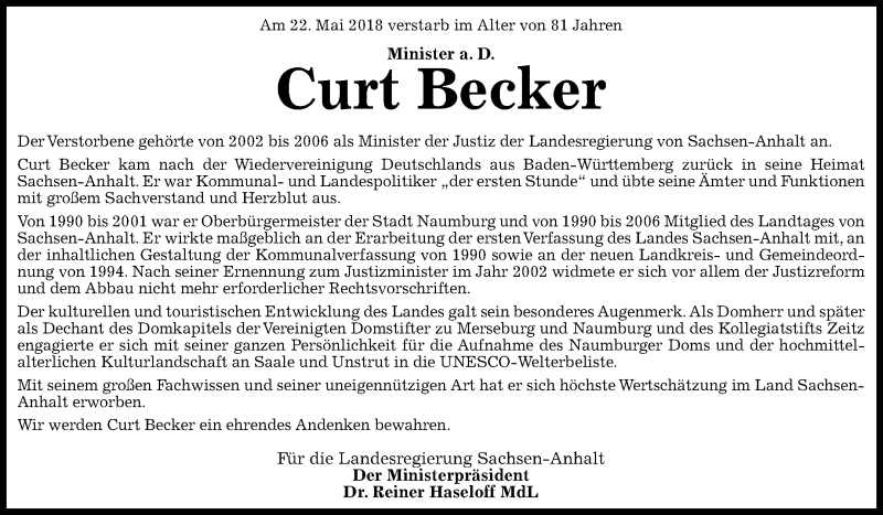  Traueranzeige für Curt Becker vom 25.05.2018 aus 
