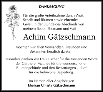 Traueranzeige von Achim Gätzschmann von Mitteldeutsche Zeitung Dessau-Roßlau