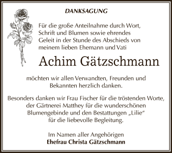 Traueranzeige von Achim Gätzschmann von WVG - Wochenspiegel Dessau / Köthen