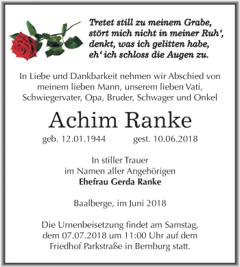 Traueranzeige von Achim Ranke von Mitteldeutsche Zeitung Bernburg