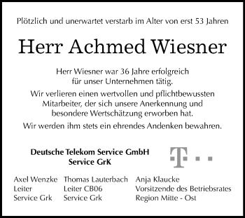 Traueranzeige von Achmed Wiesner von Mitteldeutsche Zeitung Halle/Saalkreis