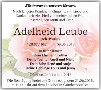 Traueranzeige von Adelheid Leube von Mitteldeutsche Zeitung Merseburg/Querfurt