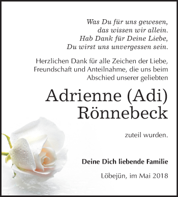 Traueranzeige von Adrienne Rönnebeck von Mitteldeutsche Zeitung Halle/Saalkreis