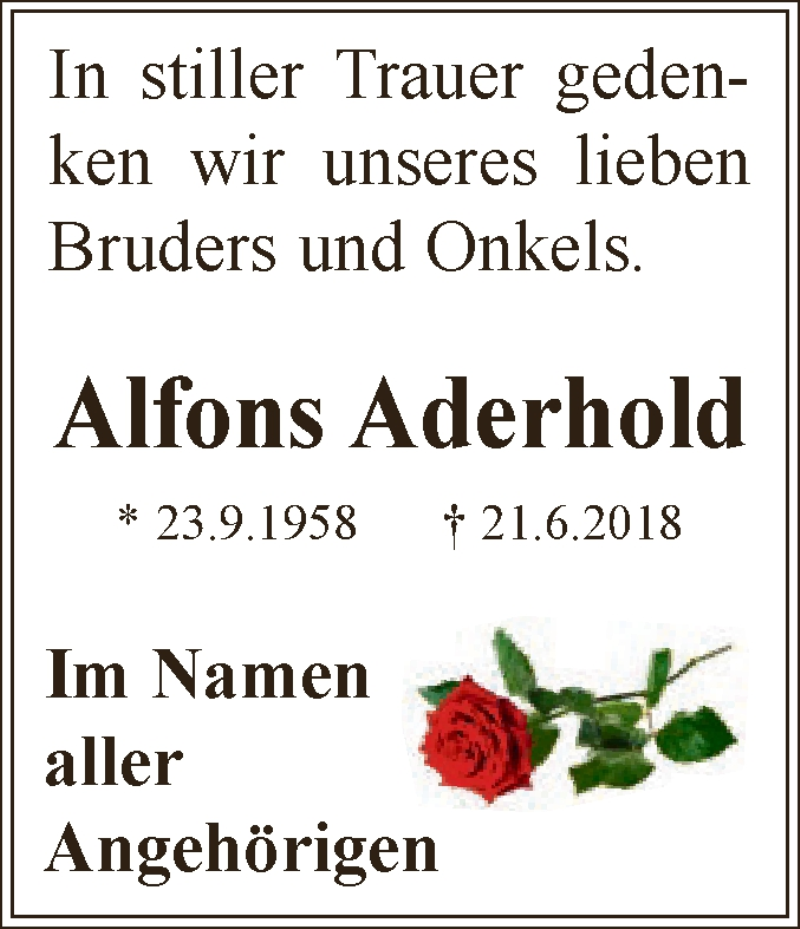  Traueranzeige für Alfons Aderhold vom 30.06.2018 aus Super Sonntag Dessau / Köthen