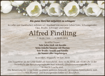 Traueranzeige von Alfred Findling von WVG - Wochenspiegel NMB / WSF / ZTZ