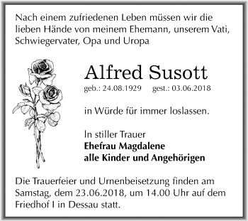 Traueranzeige von Alfred Susott von Mitteldeutsche Zeitung Dessau-Roßlau