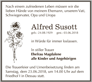 Traueranzeige von Alfred Susott von WVG - Wochenspiegel Dessau / Köthen