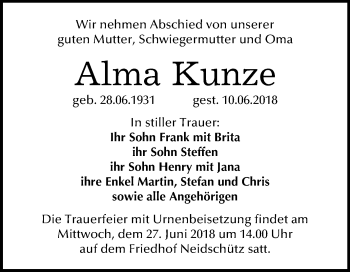 Traueranzeige von Alma Kunze von Mitteldeutsche Zeitung