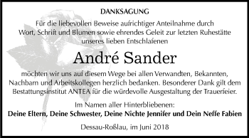 Traueranzeige von Andre Sander von Mitteldeutsche Zeitung Dessau-Roßlau