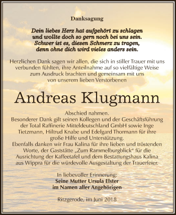 Traueranzeige von Andreas Klugmann von Super Sonntag SGH Mansf. Land
