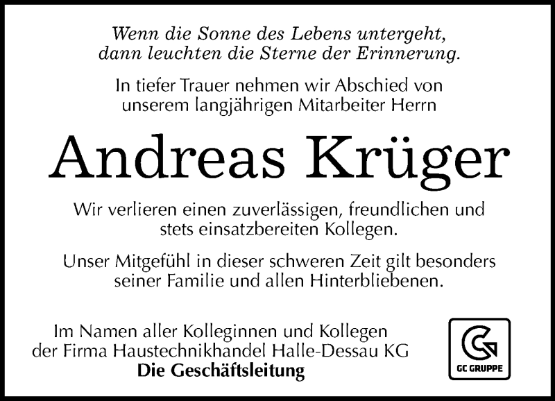  Traueranzeige für Andreas Krüger vom 02.06.2018 aus Mitteldeutsche Zeitung Halle/Saalkreis