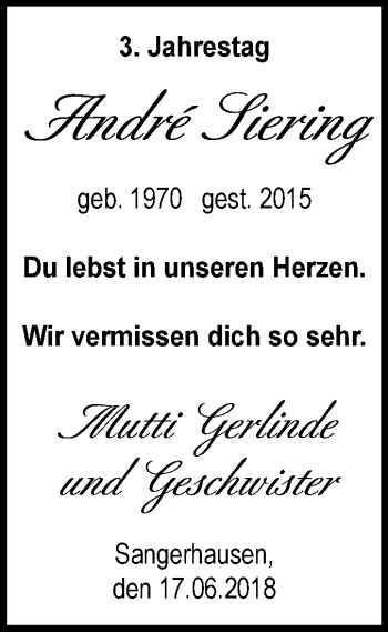 Traueranzeige von André Siering von Mitteldeutsche Zeitung Sangerhausen