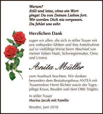 Traueranzeige von Anita Müller von Super Sonntag Zeitz