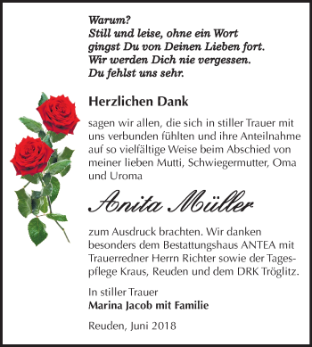 Traueranzeige von Anita Müller von Mitteldeutsche Zeitung Zeitz