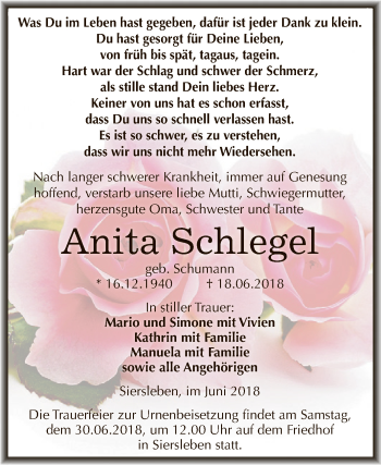 Traueranzeige von Anita Schlegel von Super Sonntag SGH Mansf. Land